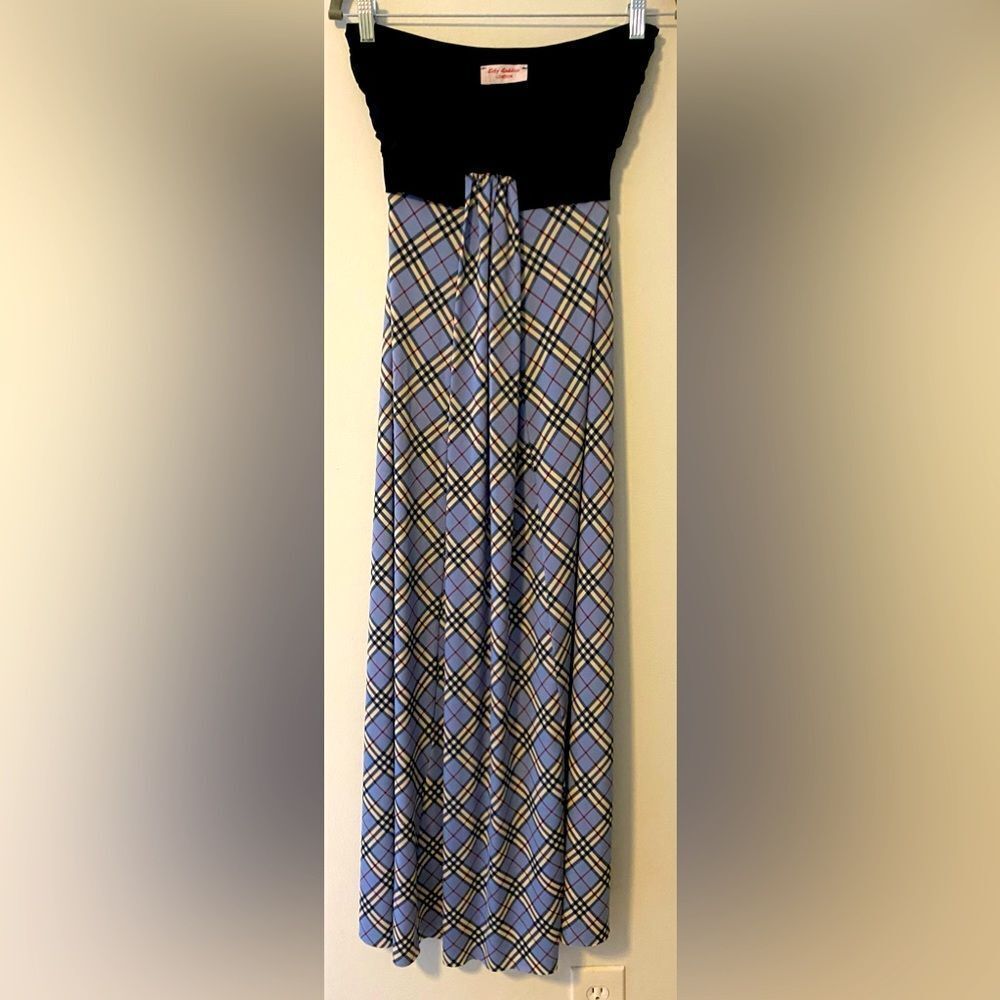 City Goddess London, Strapless Maxi, Black Top Blue Flannel Bottom